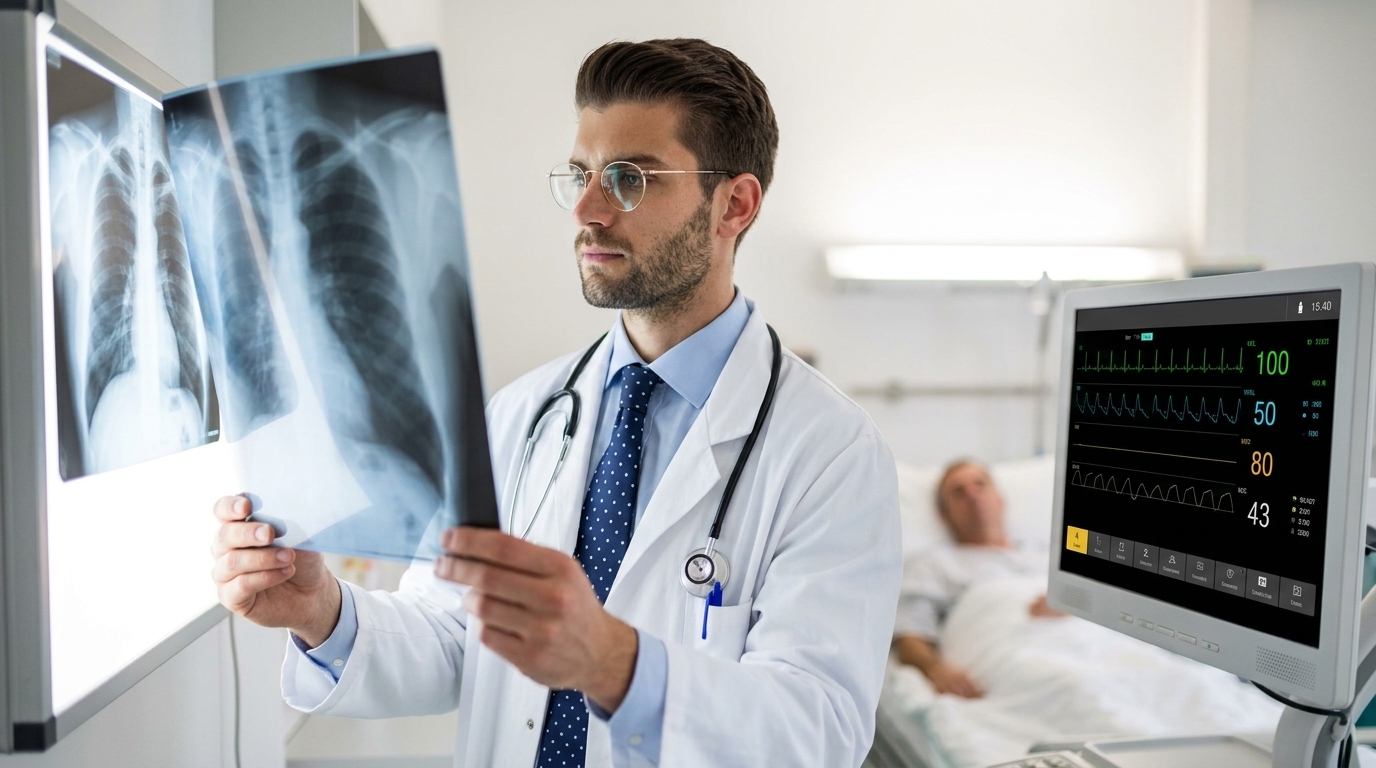 Doctor examining chest X-ray in emergency department