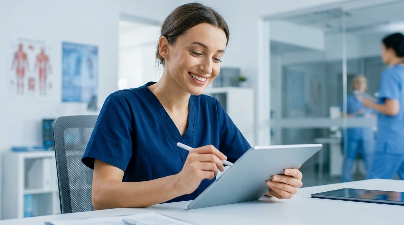 Physician signing off digital report on tablet